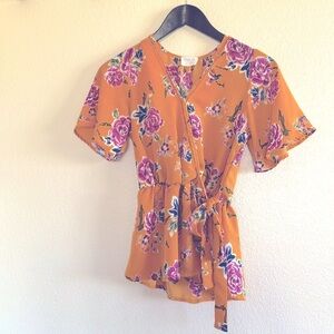 XS orange yellow sheer short sleeve blouse